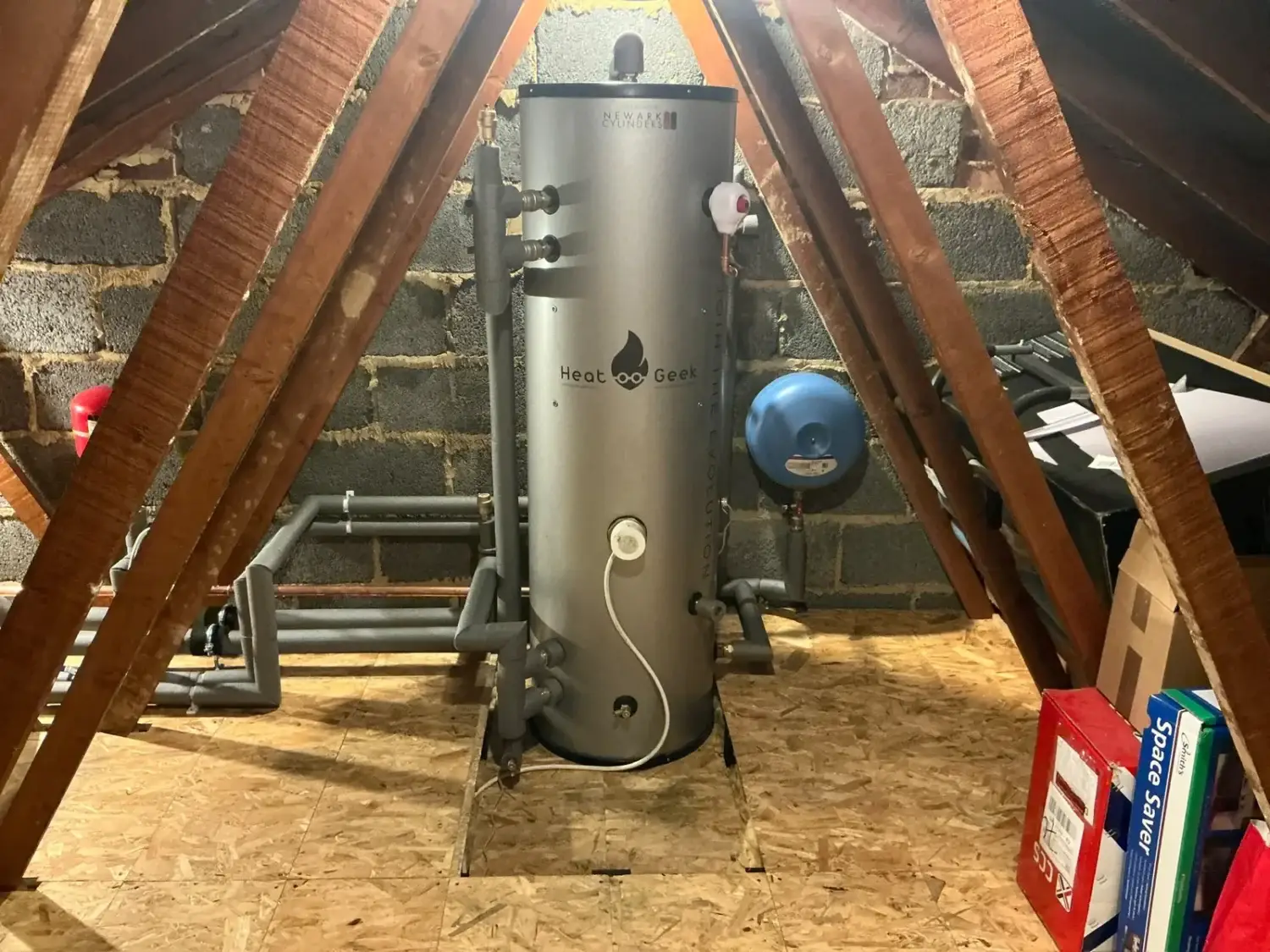 150 litre Newark Heat Geek Super Cylinder installed in the loft